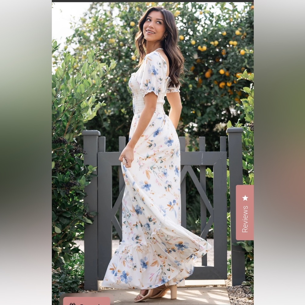 Floral White and Blue Maxi Dress